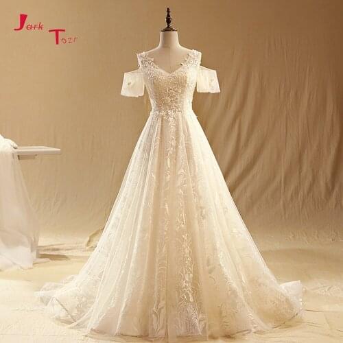Jark Tozr Custom Made V-neck Short Sleeve Wedding Gowns Plus Size Robe De Mariee Beading Pearls Lace Bridal Dress Turkey