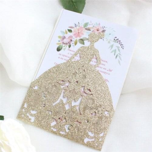 Bride wedding cards glitter laser invitation pocket custom insert card printing 50pcs