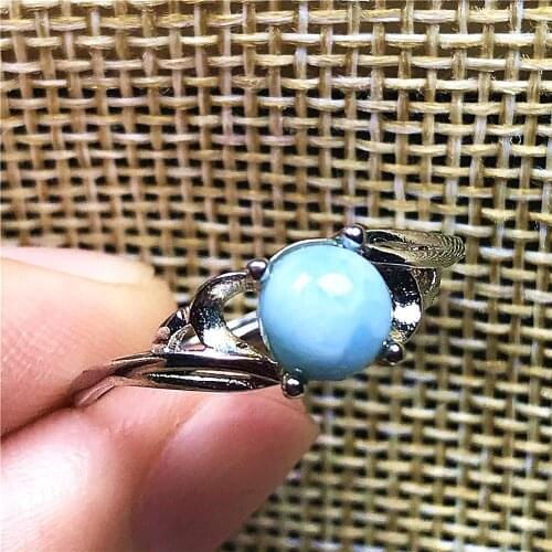 Top Natural Blue Larimar Stone Ring Jewelry For Woman Man Silver 6mm Beads Dominica Water Pattern Stone Adjustable Ring AAAAA