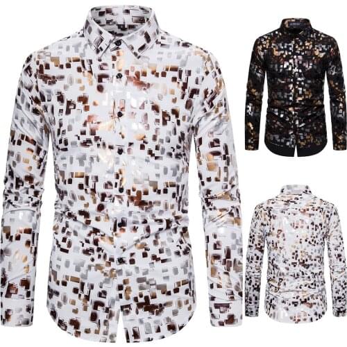 YS084 Spring New Style Casual MENS Long-sleeved Shirt Digital Bronzing Printed Elasticity Mens Shirts