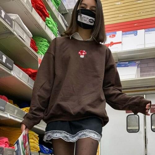 Y2K New 2000s Aesthetics Mushroom Embroidery Oversized Brown Tops Indie Fashion Crewneck Long Sleeve Sweatshirt Vintage Outfit