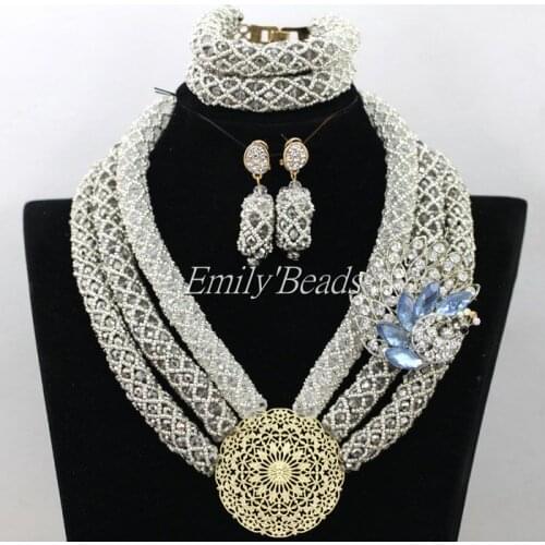Nigerian Women Party Jewelry African Costume Jewelry Set 3 Rows Wedding Crystal Beads Bridal Necklace Set Free Shipping AIJ681