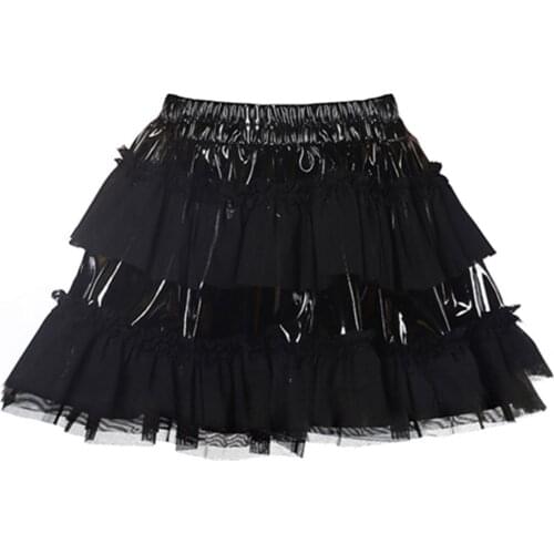 Womens Patchwork Mesh Wet Look Leather Mini Skirts Flared Pleated Latex A-Line Circle Skirt Sexy Clubwear Skirts Dance Bottoms