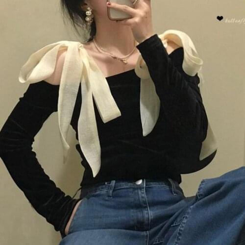 Women Off Shoulder Long Sleeve Shirt Blouse Vintage Bowknot Strap Shirt Office Ladies Velvet Tops