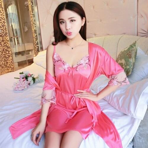 Female Silk Nightdress 2pcs Short Sleeve Nightgown Silky Sexy Lace Robe Dress Home Furnishing Sleepwear Sleep Robe Dress B-6613