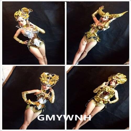 Women 12 constellations ballroom dance costumes club performance singer wears dress mirror robot dress clothe dj outfit headwear