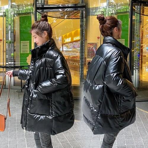 Women Down Cotton Jacket Winter 2021 Loose Glossy Stand Collar Padded Outerwear Ladies Waist Drawstring Wild Coat Mujer Chaqueta