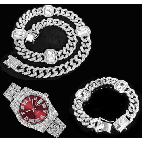 Hip Hop 12.5MM 3pcs Kit CZ AAA Iced Out Square Crystal Cuban Chain Set Mens Necklace+Watch+Bracelet For Men Women Charm Jewelry