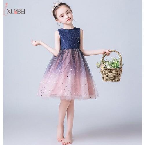 BABYONLINE Elegant Flowers Girl Dresses Sequins Starry Sky Skirt Fluffy Dress Girls First Communion Clothing Tulle 110-170CM