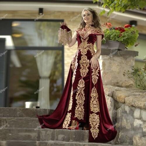 Burgundy Two Piece Evening Dresses Moroccan Kaftan Detachable Train Golden Appliques Robe De Soiree Celebrity Vestidos Fiesta