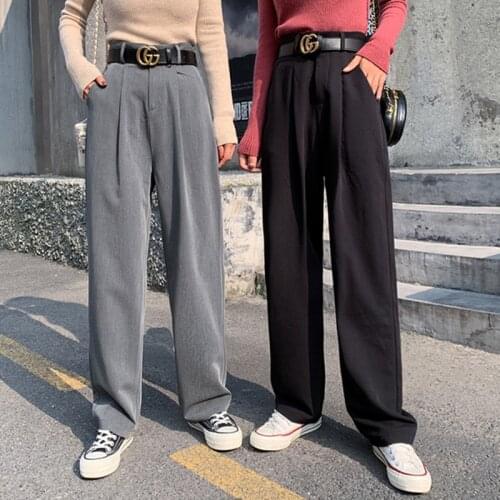 Dropship Women Stretch High Waist Pocket Shaping Dress Pants Office Casual Trousers Wide Leg Pants Lady Black Suit Trousers 2020