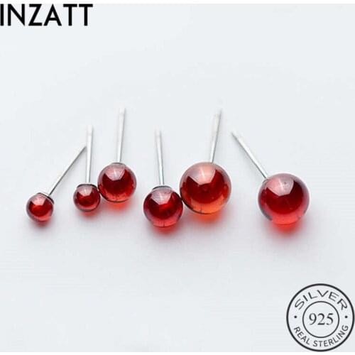 INZATT Real 925 Sterling Silver Red Round Bead Stud Earrings For Fashion Women Party Minimalist Fine Jewelry Cute Accessories