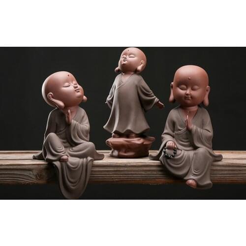 Ceramic cute little monk statue Original ore purple sand handmade sculpture Home Living Room Bogu Frame Crafts Decoration
