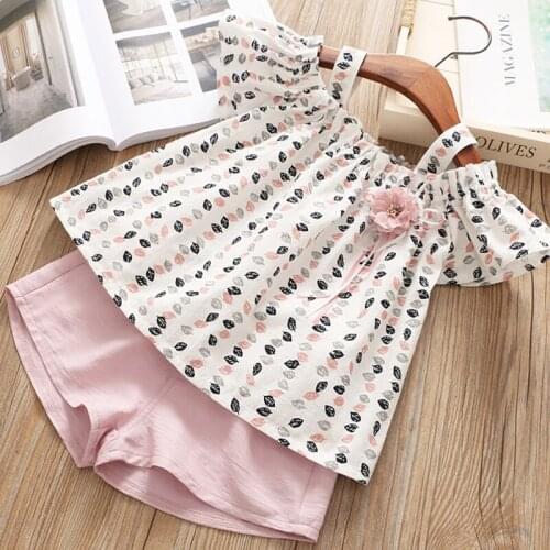 Summer Girls Clothing Sets Fashion Leaf Printed One Word Collar Tops + Shorts 2Pcs Casual Outfits For 1-6 Year Kids Clothes Suit