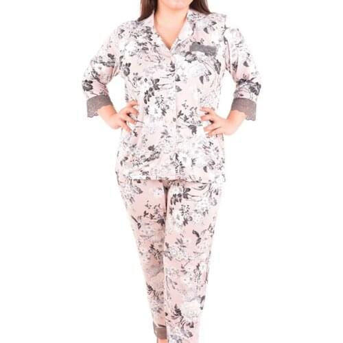 Trendtopya Flowery Pattern Solid Half Sleeve Trouser Suits Pyjamas Set Women Sleepwear Two Piece Set Top And Pants Home Suit