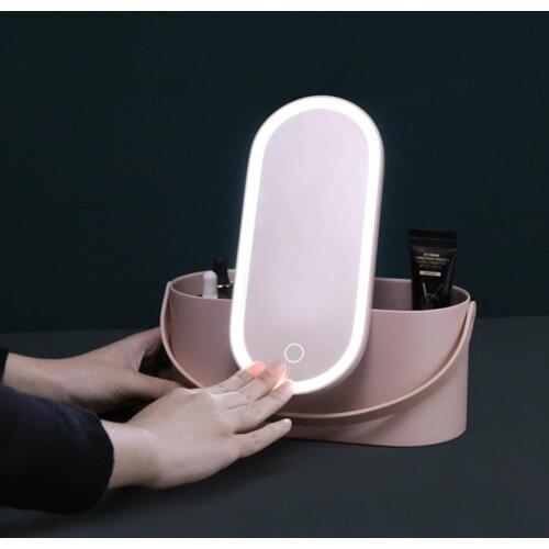 Cosmetics Organizer With LED Lights Makeup Mirror 2 In 1 Portable Makeup Storage Box Case
