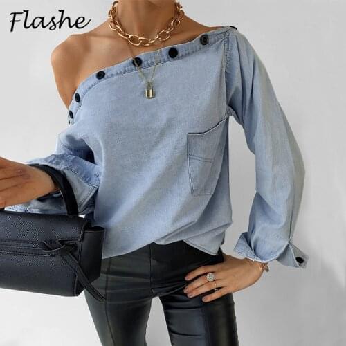 Fashion Women Shirt 2021 Spring Autumn Tee One Shoulder Denim Blue Shirt Women Button Shirt Long Sleeve Work Tops Ladies