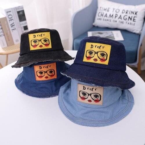 Kids Harajuku Denim Bucket Hat Baby Boy Girls Spring Summer Fishing Hats Designer Jean Panama for Children Cartoon Bob Cap 2021