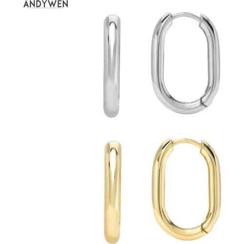 ANDYWEN 925 Sterling Silver Gold Oval Huggies Thick Rectangle Hoops Earring Women Piercing Ohrringe Luxury Fashion Jewelry