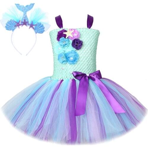 Little Mermaid Dress Up Costume for Girls Princess Sea-maid Dresses with Headband Kids Girl Birthday Clothes Outfit 1-14 Years