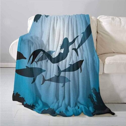 Underwater Warm Blanket The Mermaid and Dolphins Underwater View Travel Diving Fin Sea Life Easy to Carry Blanket Blue Black