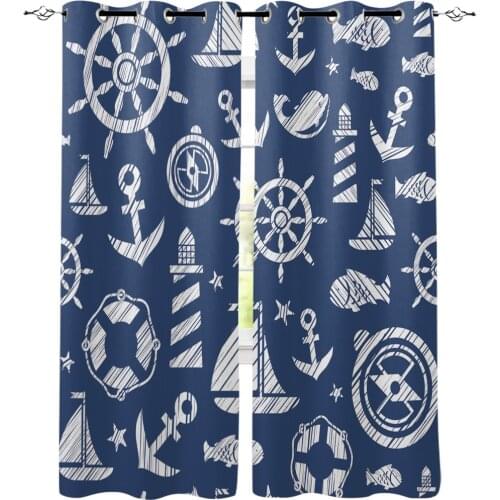 Home Curtain Blue Anchor Boat Fish Bedroom Kitchen Curtains Living Room Decoration Items Window Curtains for Living Room