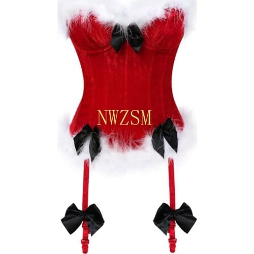Women Sexy Christmas Costumes Santa Claus Corset Top Overbust Red Velvet Bustier Bodyshaper Lingerie Showgirl Clothing S-2XL