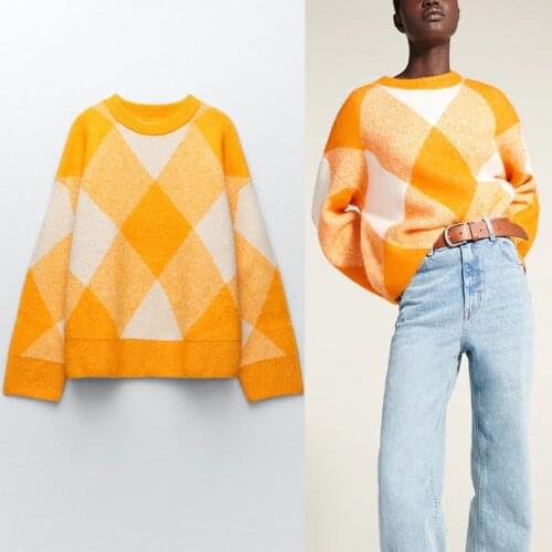 ZA 2021 Argyle Jacquard Knit Yellow Sweater Women Long Sleeve Fitted Winter Pullover Female Vintage Ribbed Knitted Tops Sweaters