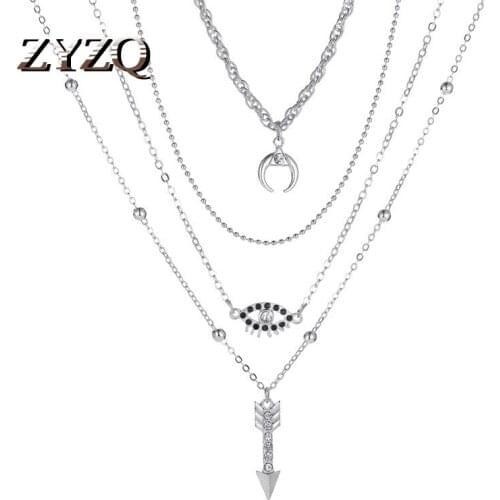 ZYZQ Hip-Hop Style Long Moon Demon Eye Necklace Personality Tassel Multilayer Women Necklace