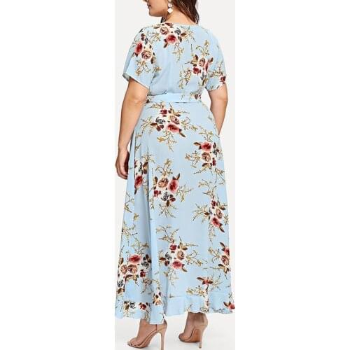 Echoine Plus Size Short-sleeved Printed One-piece Maxi Dress for Women V-neck Bandage Dress Outfit