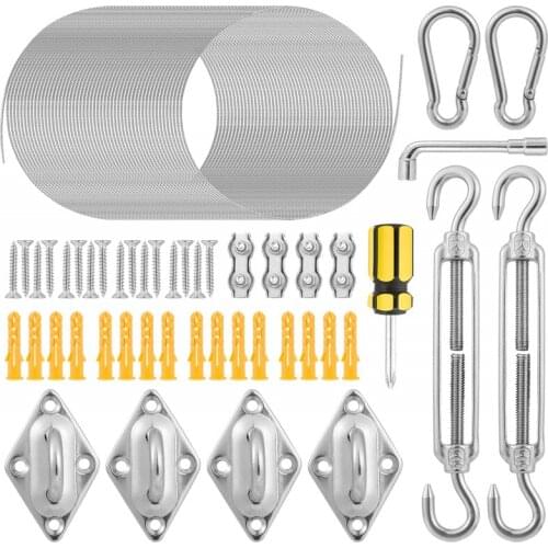 50Pcs Rectangle Sun Shade Sail Hardware Kit Flexible Stainless Steel Wire Rope Turnbuckle Snap Hook