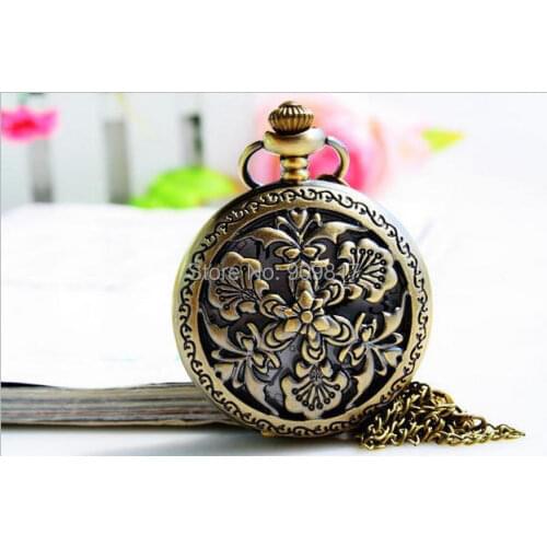 Antique bronze quartz petals Hollow out Necklace pocket watch