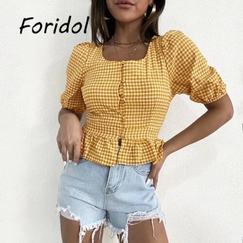 Yellow Plaid Print Women Blouse Shirts Summer Autumn Holiday Top and Blouse 2021 Button Up Short Sleeve Tops Feminine Blouse