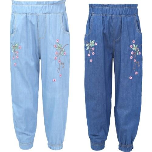 Oyolan Kids Girls Jeans Summer Cotton Stretchy Soft Denim Pants Kids Trousers Embroidery Flowers Toddler Clothes Girls Clothing