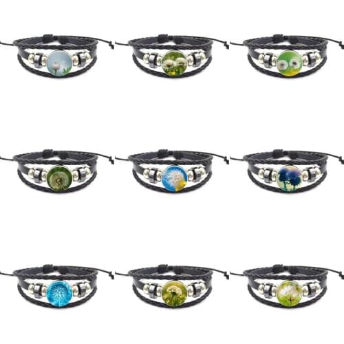 EJ Glaze For Kids Beads Dandelion Thistles 2017 Retro Style Jewelry With Glass Cabochon Black Leather Bracelet Bangle