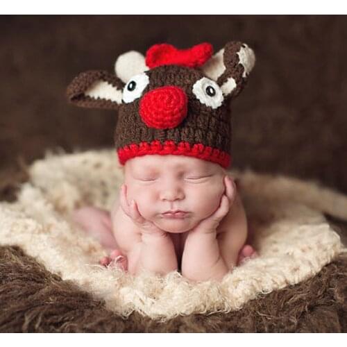 Cute Cap Christmas Deer Design Handmade Crochet Baby Hat Knitted Newborn Photography Props Photo Shoot Kids cap