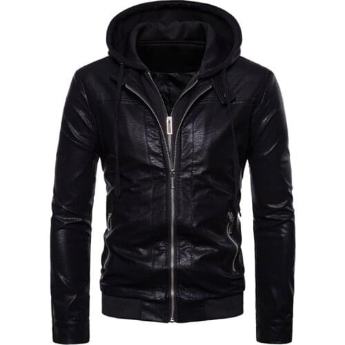 Mens fake two-piece hooded slim-fit motorcycle leather jacket jacket autumn and winter casual black male imitation leather coat