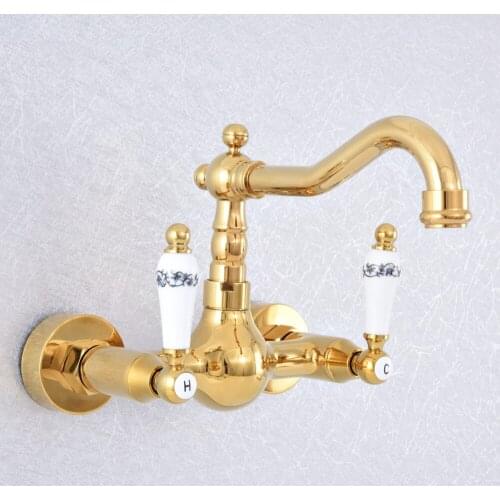 Wall Mounted Kitchen Faucet Double Handle Sink Basin Tap Cold hot Water Mixer Tap Dual Hole Bathroom Sink Wash Basin Water Tap