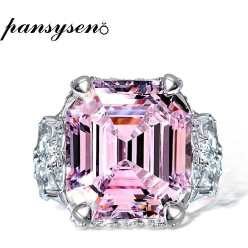 PANSYSEN Romantic Real 925 Sterling Silver Asscher Cut Pink Sapphire Created Moissanite Diamond Fine Jewelry Couple Wedding Ring