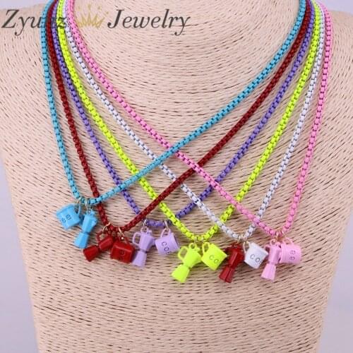 5PCS, Fashion Bottle & Cup Pendant Necklace Colorful Enamel Chic Box Chain Necklaces Girl Lady Best Gift Choker