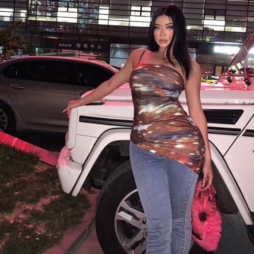 Fawn Pattern Printing Oblique Cut Pleated One-Shoulder Strap Mid-Length Tube Top Sling Top Wrap Chest