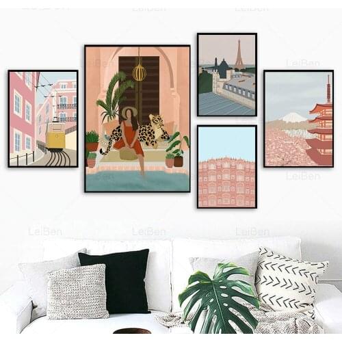 Nordic Retro Poster Travel City Canvas Painting Japan Mount Fuji France Paris Scenery Vintage Art Picture Girl Room Decoration