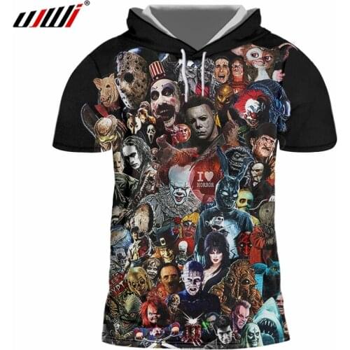 UJWI Man Skull Horror Mask Hooded Tshirt Mens 3D Harajuku Oversized Tee Shirt Printed Cartoon Fitness T-shirt