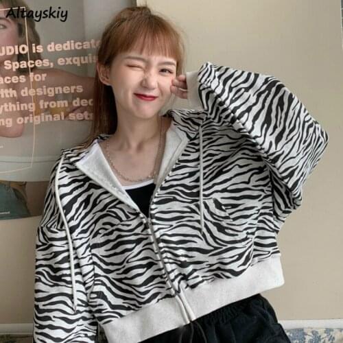 Hoodies Womens New Autumn Zebra Printed Hooded Short Style Tops Streetwear Hip Hop Vintage Female Loose Leisure Daily Harajuku