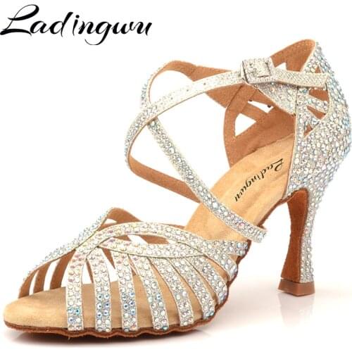Ladingwu Women Party Dance Shoes Flash cloth Shining rhinestones Soft Bottom Latin Dance Shoes Woman Salsa Dance Shoes heel 6-10