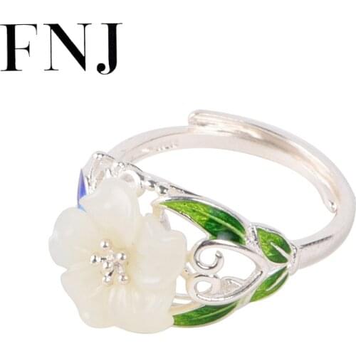 FNJ Cloisonne Flower Ring 925 Silver New Original S925 Sterling Silver Rings for Women Jewelry Adjustable size Natural Jade