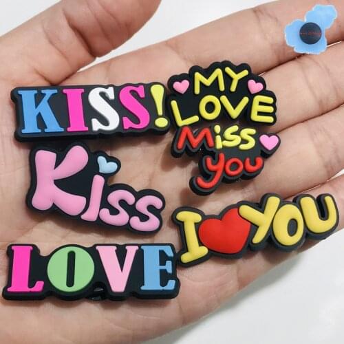 1Pcs Kiss Love You Miss English Letters Alphabet PVC Shoe Charms Shoe Accessories Decoration Diy Kids X-Mas Party Gift