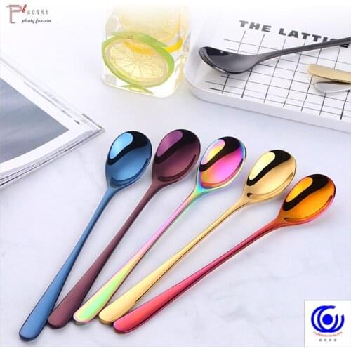 4-7-8 pcs LxW 20cmX3.2cm Stainless Steel Icecream Coffee Spoon Long handle Rose Gold Set 9 Colors Ice Scoop Black Mixing Colour