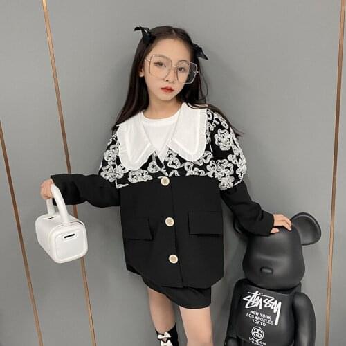 Girls' blazer for fall 2021 new French lace flower stitching doll collar top jacket