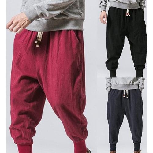 Harem Pants Men Streetwear Sporty Men Solid Color Ankle Tied Drawstring Pockets Drop Crotch Hip Hop Pants Ankle-length Trousers